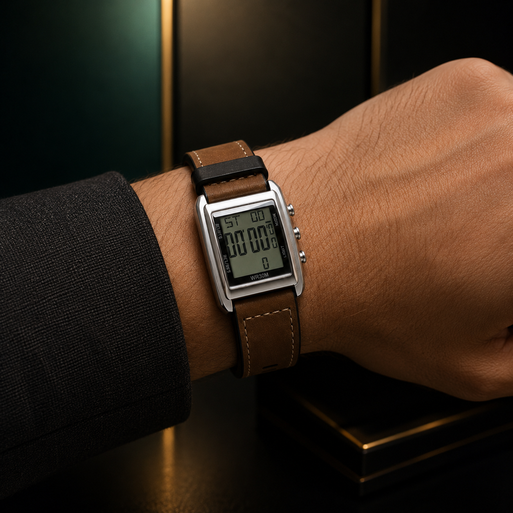 Vintage Style Digital Leather Strap Watch For Men