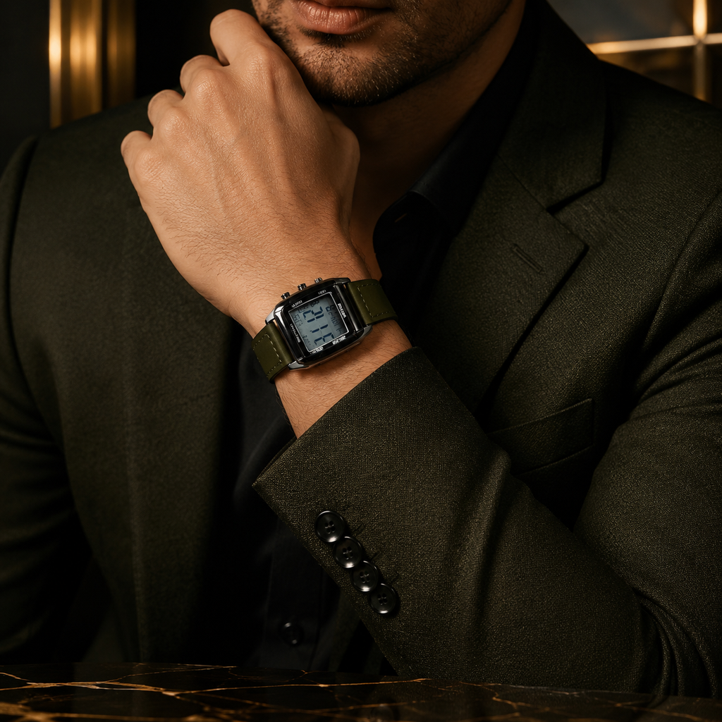 Vintage Style Digital Leather Strap Watch For Men